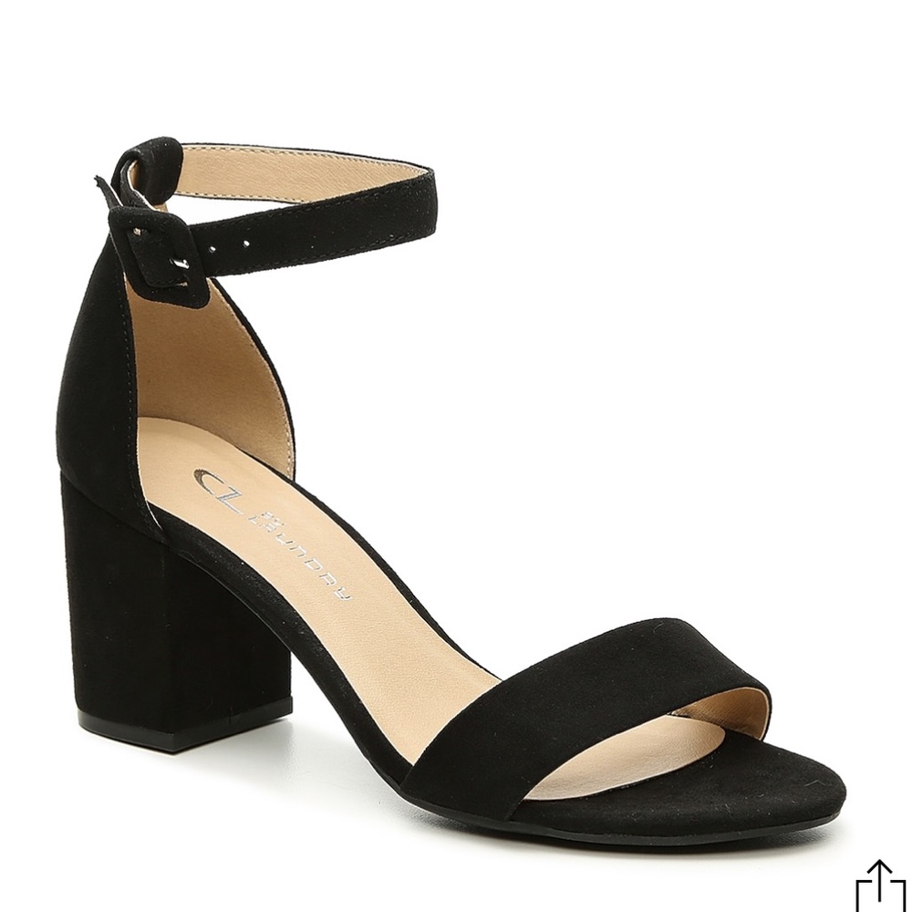 CL by Laundry Black Faux Suede Ankle Strap Block Heel Sandals 9.5